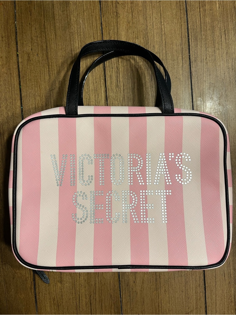 Victoria's Secret Pink & Cream Rhinestone Logo Cosmetic Case